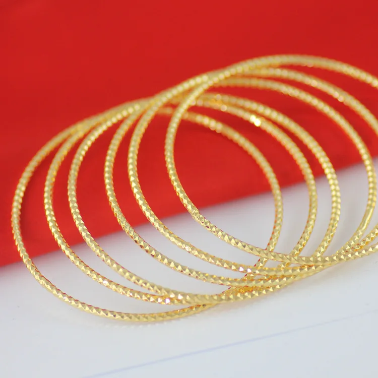 

6pcs/set Bohemia Bangle Real Yellow Gold Filled Round Engraved Textured Thin Bracelets Sets for Women Girls