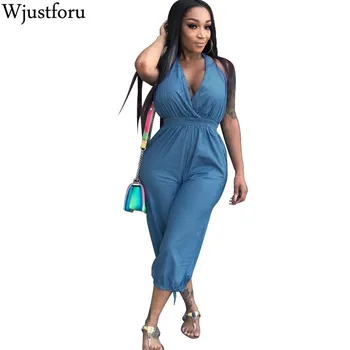 

Wjustforu Pure Color Loose Casual Denim Jumpsuit Capri Women Backless Bandage Elegaht Jumpsuit Romper Bodycon Sexy Jumpsuit Slim
