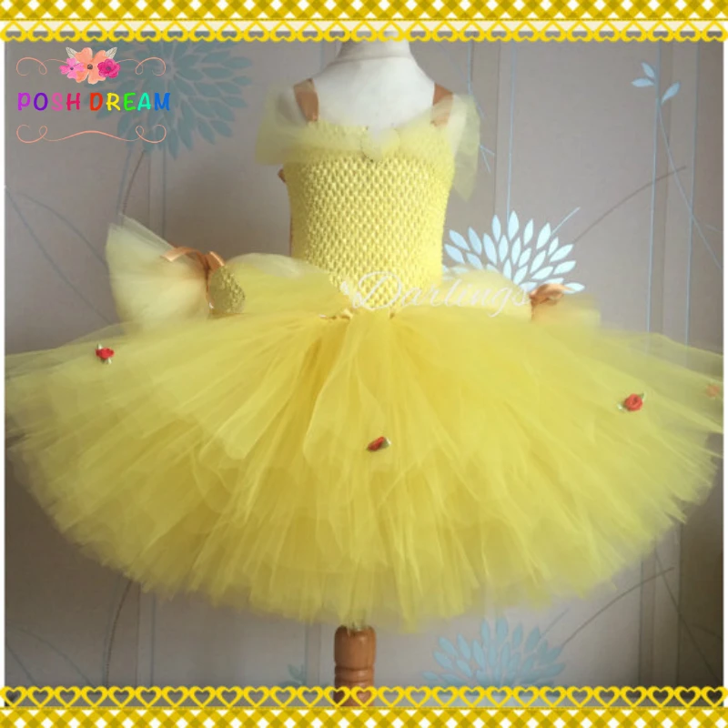 

POSH DREAM Belle Princess Beauty and The Beast Inspired Girl Dress Yellow Belle Princess Roses Flower Kids Girl Tutu Party Dress