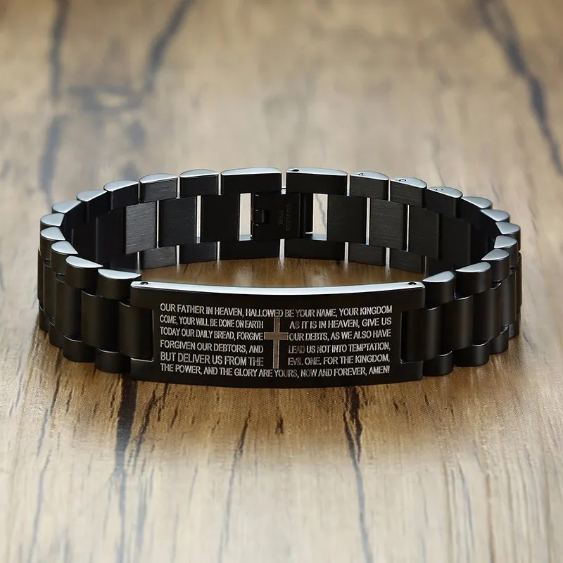 

15MM Stainless Steel Our Father The Lord's Prayer Engraved Black ID Bracelet for Men Watch Band Jewelry