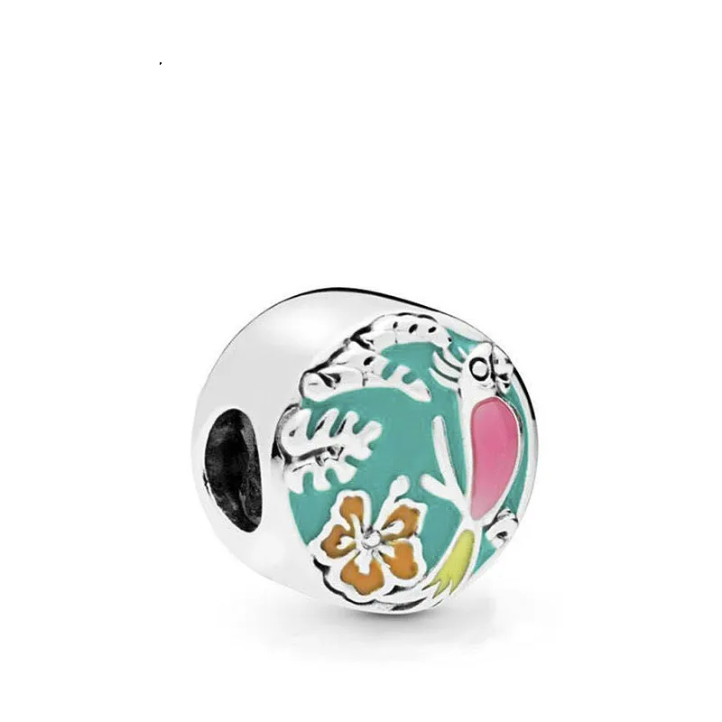 

5PCS Fashion Round Zinc Alloy Charm Enamel Bird Flower Big Hole Autumn Beads Fit Original DIY Pandora Bracelet Jewelry Making