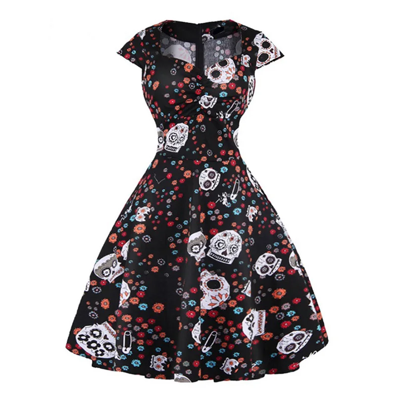 

Summer Vintage Dress 2018 Retro Plus Size 4XL Womens Clothing Skull Floral Print Casual 60s Audrey Rockabilly Swing Vestidos