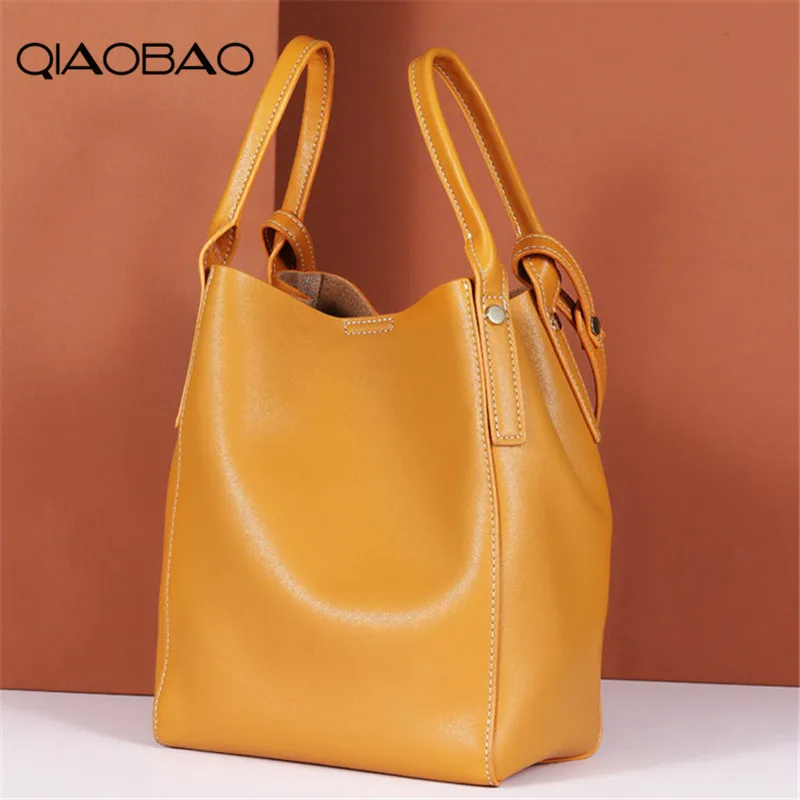 

QIAOBAO 100% Genuine Leather Handbags Women Cowhide Bucket Top-handle Bags Female Shoulder Bags Feminina Bolsos