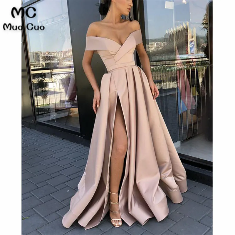 Long Satin V-neck Prom Dresses Leg Slit Evening Dress Off Shoulder