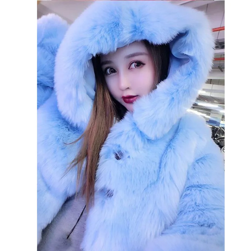 Зимняя женская шуба из искусственного лисьего меха с капюшоном, утепленная куртка из искусственного меха, женская верхняя одежда из искусственного меха, толстое пальто LJLS080 - Цвет: lake blue