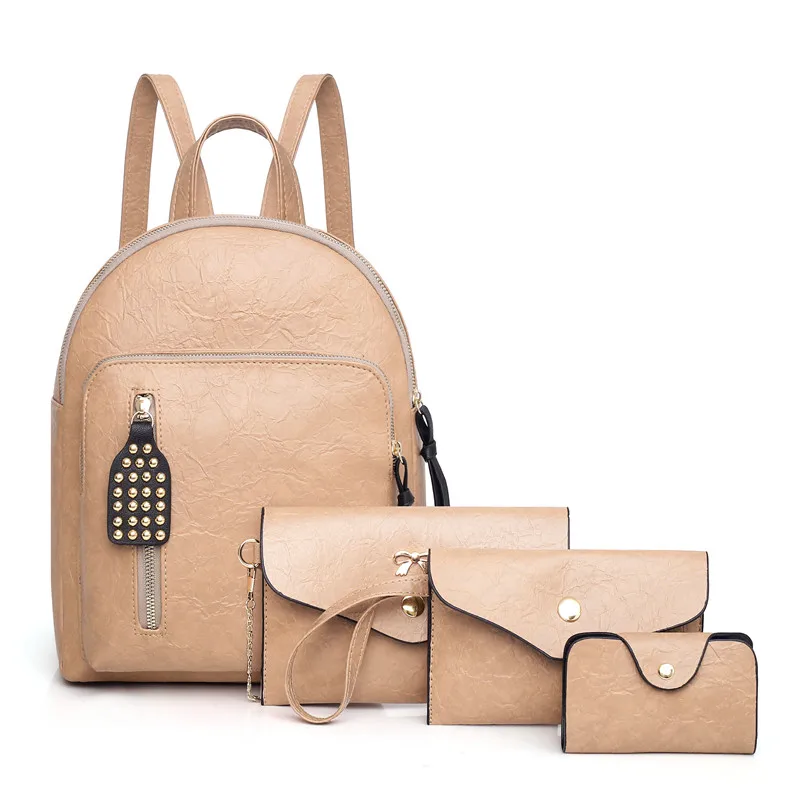 Amberler/высококачественные женские рюкзаки из искусственной кожи для девочек-подростков; школьные сумки; модные женские сумки; комплект из 4 предметов; дорожная сумка на плечо - Цвет: Хаки