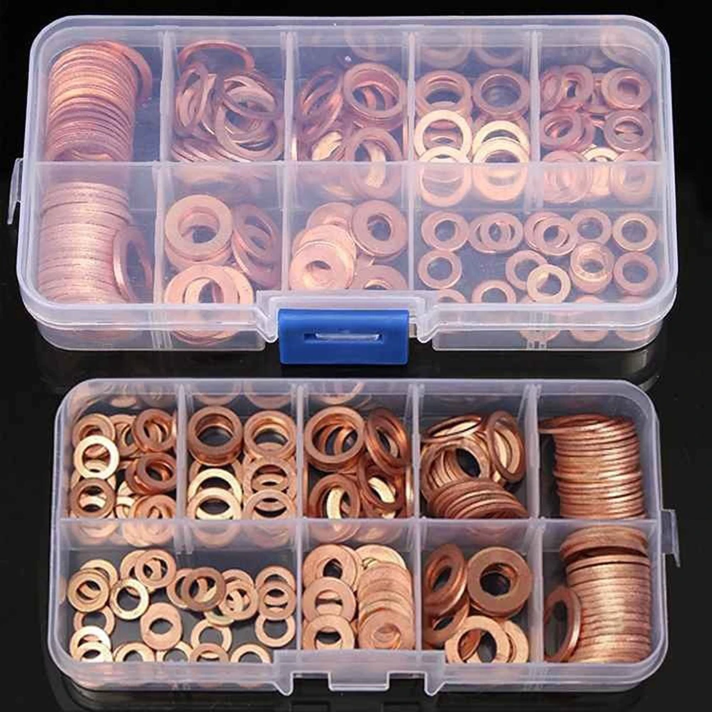 

200pcs Copper Washer Gasket Nut and Bolt Set Flat Ring Seal Assortment Kit with box M5-M14 Electrical Woodworking Washers Sets