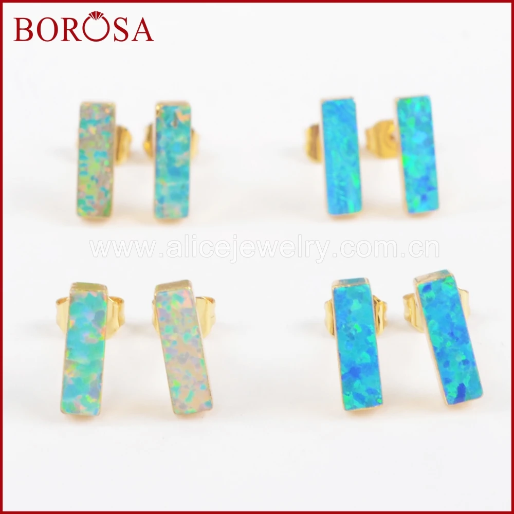 

BOROSA 5 Pairs New Gold Color Earring Rectangle White /Blue Japanese Opal Ear Stud For Women Trendy Party Jewelry Gift Wholesale
