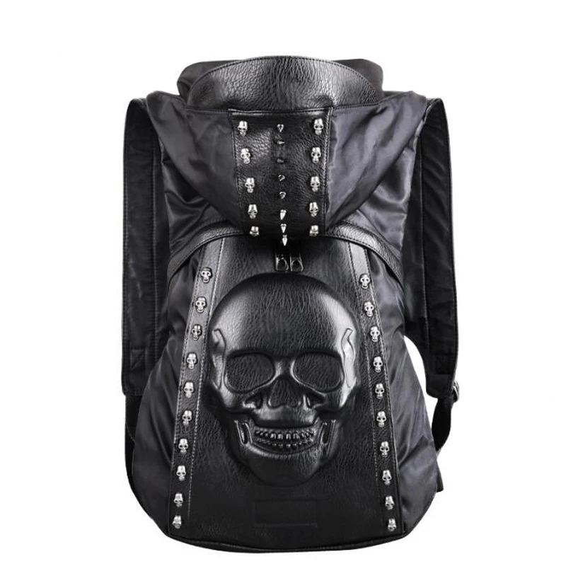 Fashion Personality 3D Skull Leather Backpack Rivets Skull Backpack With Hood Cap Apparel Bag Cross Black Bags Hiphop Man New