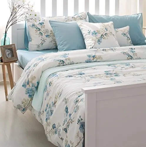

WINLIFE 4-pieces Blue Blossom Bed Sheet Set Vintage Floral Fitted Sheet