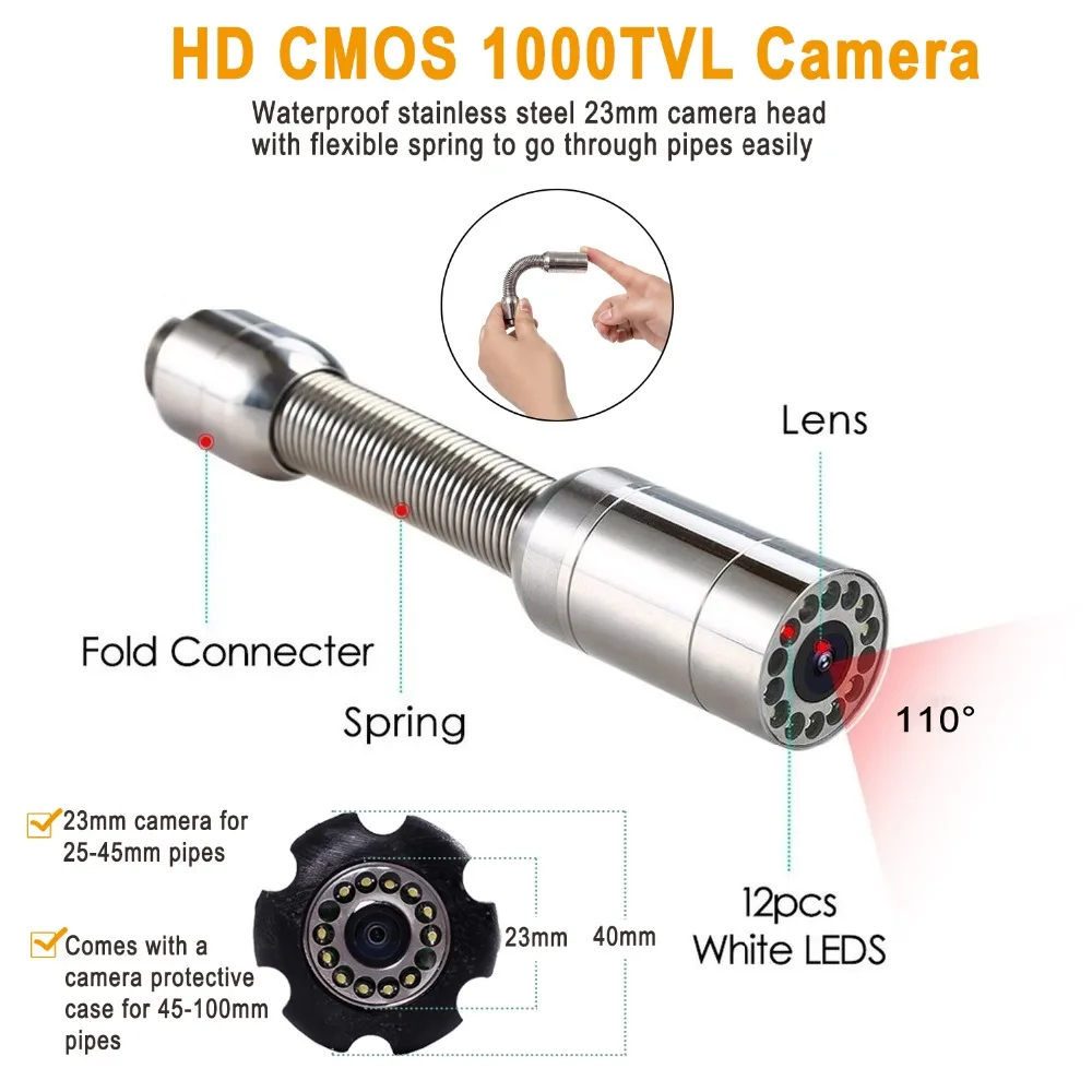 Syanspan 20/50/100 м внутритрубный инспекционный прибор видео Камера, 8 Гб TF карты DVR IP68 Слива канализационных труб промышленный эндоскоп с " монитор