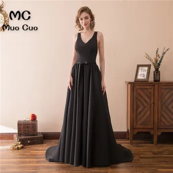 

2018 Black Prom Dresses for Women Vestidos de fiesta Count Train Lace Up Back V-Neck Satin Formal Evening Dress Long