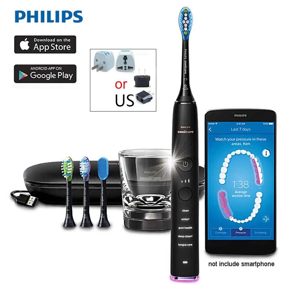 Black US PLUG Умная звуковая зубная щетка Philips Sonicare DiamondClean HX9924 с поддержкой приложения с Умной головкой щетки, 5 режимов - Цвет: Black US PLUG