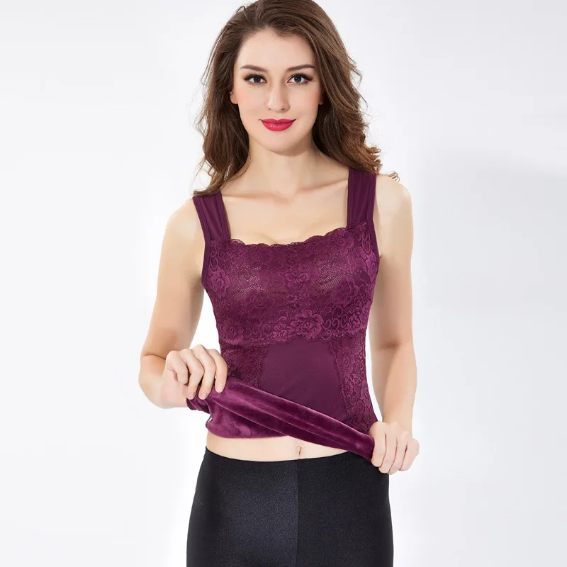 

Sanderala Winter Warm Thick Velvet Vest Solid Camis Female Casual Lace Slim Basic Shirt Plus Size Thermal Top Woman Underwear