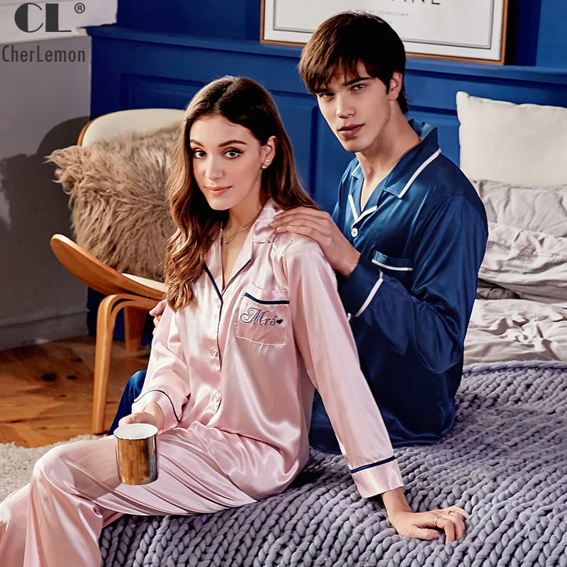 

CherLemon Silk Nightwear Couples Long Sleeve Turn Down Collar Satin Sleepwear Spring Casual 2 Pcs Pajama Sets For Women and Men