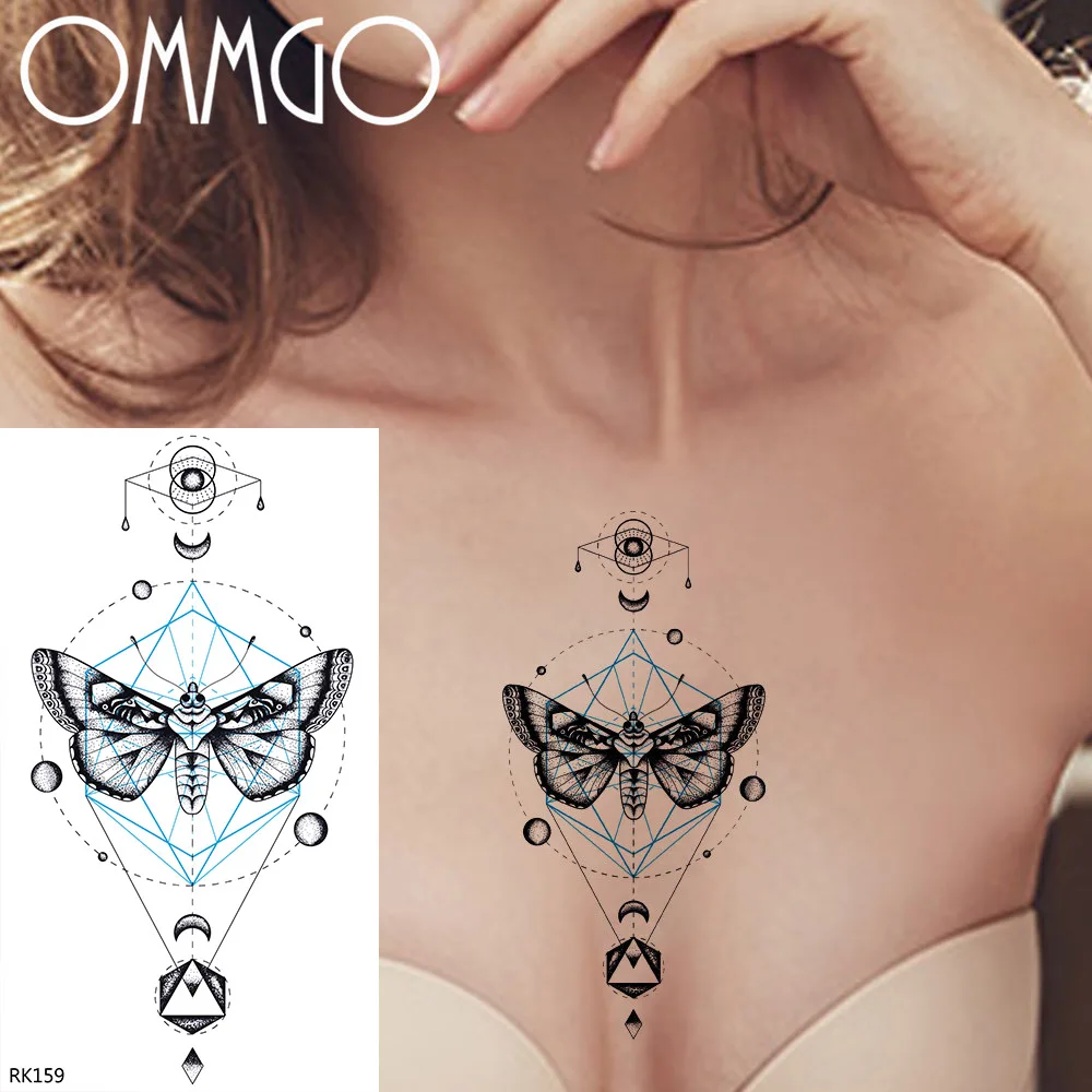 

OMMGO Geometric Rhombus Moth Butterfly Temporary Tattoo Sticker For Women Body Arm Art Tatoos Waterproof Chest Pendants Tattoos