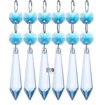 

H&D 10pcs Sky Blue Crystal Icicle Prism With 2 Octagon Beads Chandelier Pendants Hanging Drops Replacement Parts,4 Inch