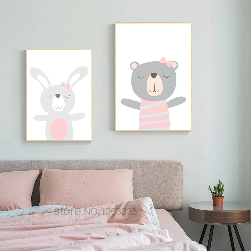 Bear Rabbit Nordic Poster Nursery Wall Pictures For Living Room Cartoon Baby Girl Room Decor Wall Art Canvas Painting Unframed