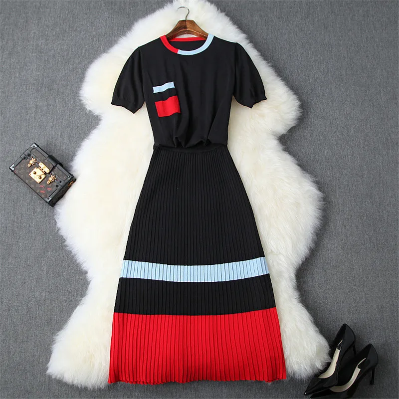 

2019 Summer Runway Designer Two Piece Set Outfit Women Contrast Color Knit Top and Midi Pleated Skirt Suit Matching Set Twinset