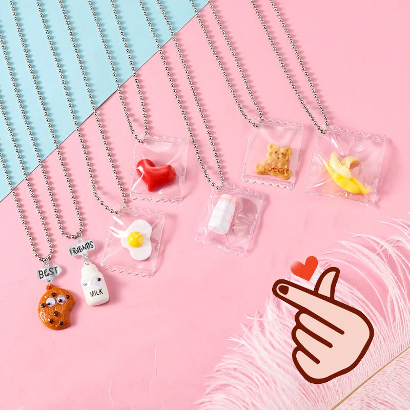 

Girls Cute Milk Bear Cookie Bottle Poached Egg Necklace Princess Lovely Pendant Beads Chain Necklace Fashion Jewelry Gift Choker