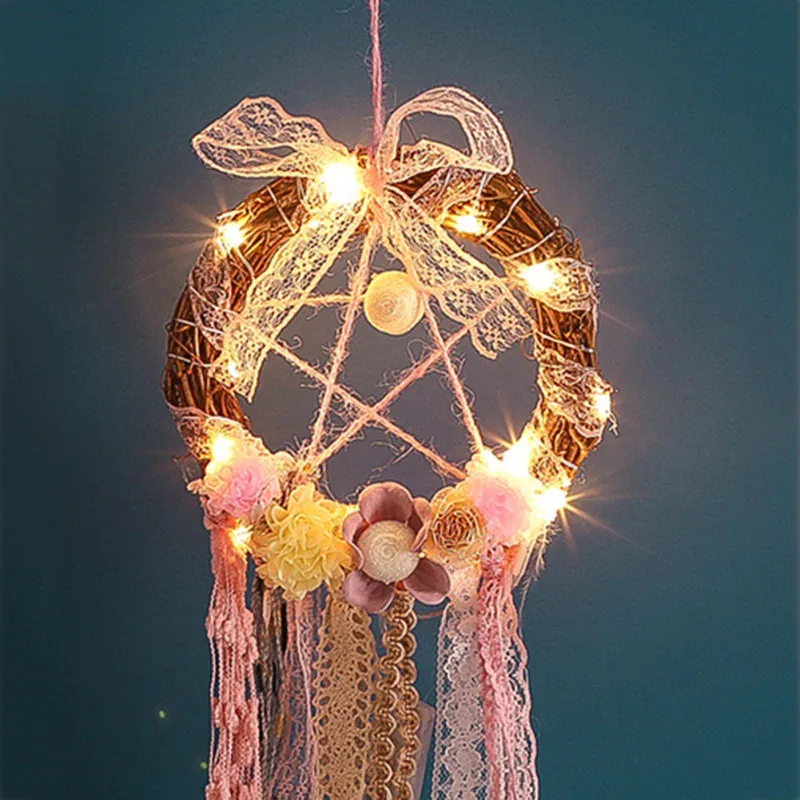 Atrapasueños de plumas estilo de chica atrapasueños hecho a mano con cuerda de luz innovador hogar cabecera pared colgante decoración 1 piezas