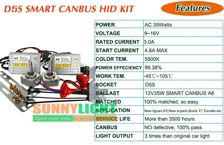 Тип СВЕТОДИОДА направленного света CNSUNNYLIGHT-D5S комплект ксеноновых фар, Высокопрочная конструкция 12V 35W 5500K для VW Tiguan 2013/14 KIA K3 Шкоды новая превосходная бьюиках XT пластичного Автово D5S Canbus Hid комплект