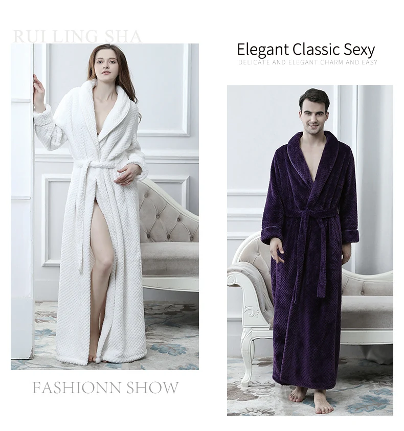 Extra Long Thick Waffle Coral Fleece Winter Warm Bath Robe Men Women Flannel Kimono Bathrobe Male Dressing Gown Mens Nightwear pajama pants