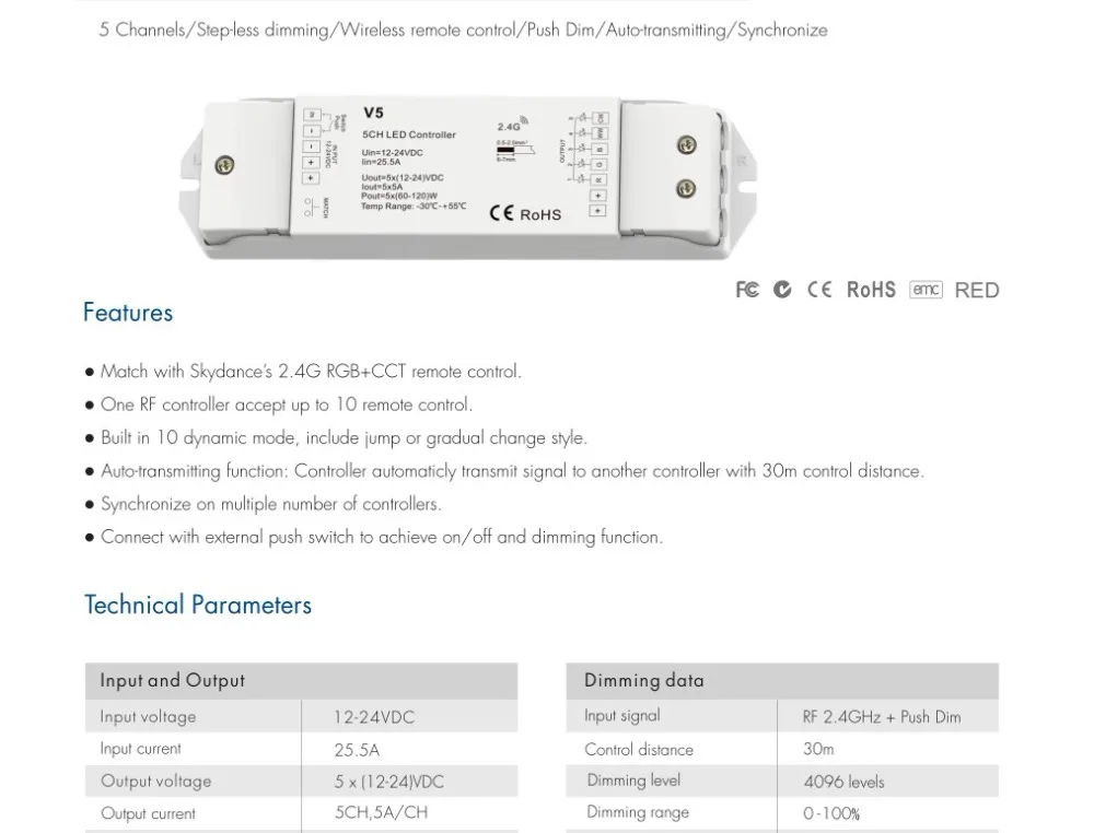 5 канальный 2,4G RGB+ CCT светодиодный RF контроллер DC5-24V с 4 зонами RF пульт дистанционного управления для RGB+ CCT светодиодный светильник V5 V5-M контроллер