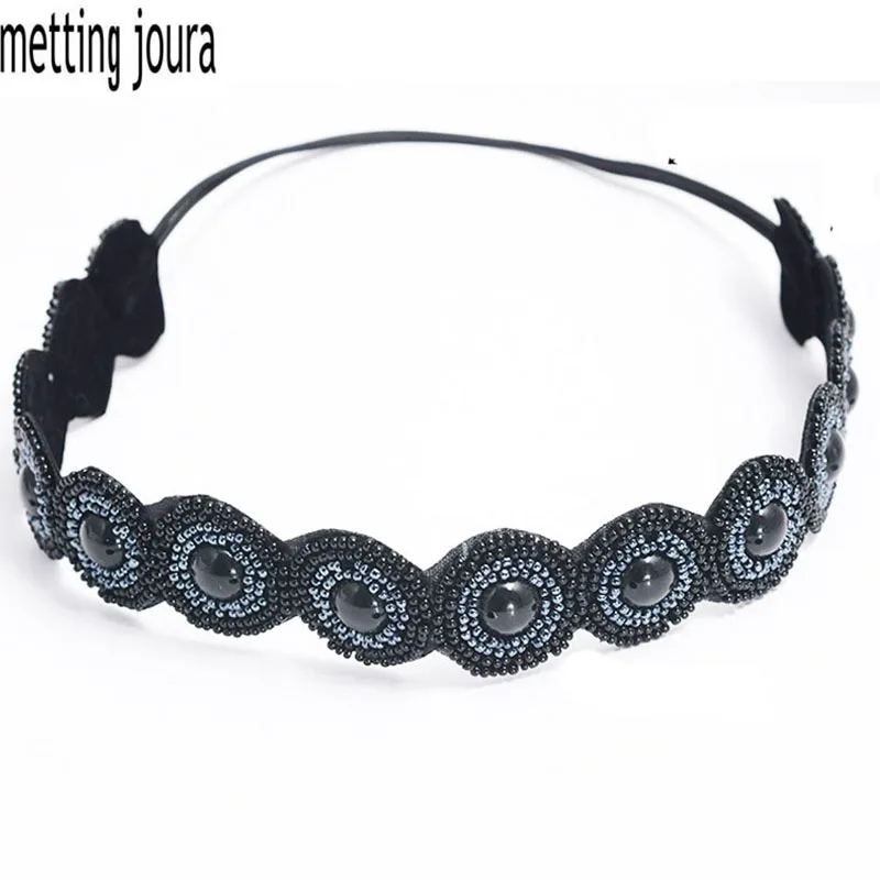 

Vintage Bohemian Ethnic Tribal tube black Beads Hand made Knitted Flower Fabric Elastic Headband Handmade Hair Accessories