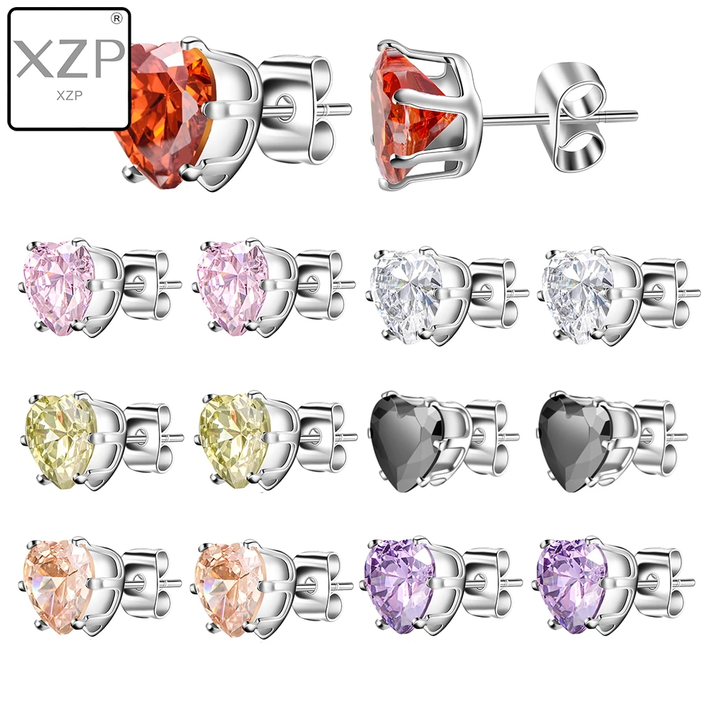 

XZP AAA Cubic Zirconia Stud Earrings Set 7 Pair Week Use 316l Stainless Steel CZ Heart Earrings Gift for Women Girls