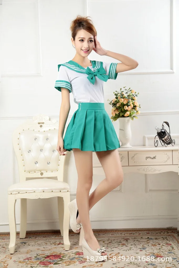Школьная униформа для костюмированного представления для девочек, японский студенческий Морской стиль, костюм моряка футболка+ юбки, плюс размер, Lala костюмы для болельщиц - Цвет: Green set