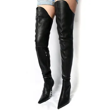 

Classic Black Crocth Thigh High Boots PU Leather Pointy Toe Over The Knee Boots Stiletto High Heels Party Dress Shoes Women 2019