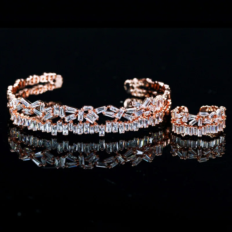 CWWZircons модный бренд багет кубический цирконий розовое золото манжеты кольцо и браслет Ювелирные наборы для Для женщин T312 - Окраска металла: rose gold