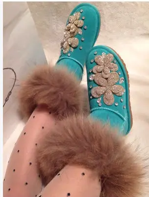 

2014 women's winter boots diamond pink plus velvet thickening women's oversized fox fur snow boots