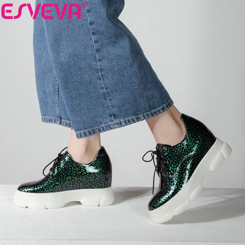 

ESVEVA 2019 Patent Leather Women's Vulcanize Height Increasing Shoes Lace Up High Heels Shoes Women Pumps Round Toe Size 34-42