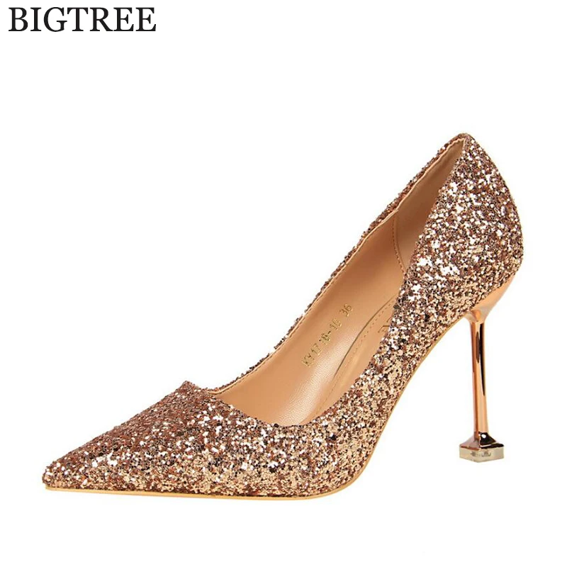 

BIGTREE New 2017 Spring Autumn Women Pumps Sexy Black Gold Silver High Heels Shoes Fashion Luxury Sequins Wedding Party Shoes k4