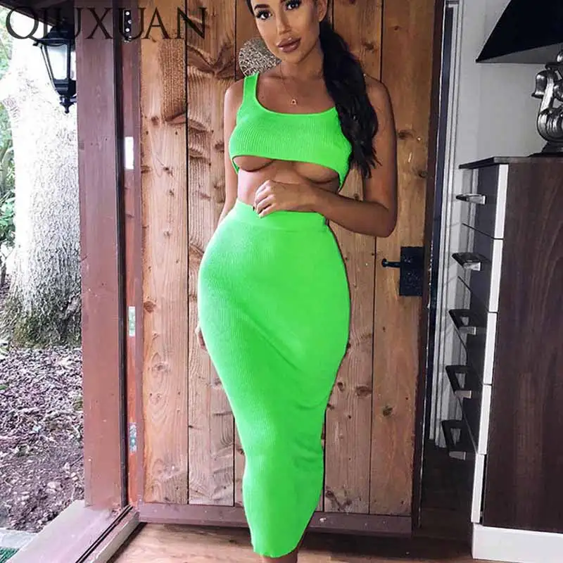 

Qiuxuan Neon Color Two Piece Outfits Stretch Short Tank Tops and Ankle Length Pencil Skirt Fluorescent Green Summer Women Sets