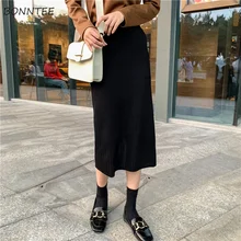Юбки Женские трикотажные прямые с разрезом Harajuku Ulzzang уличная одежда до середины икры однотонная простая Универсальная Женская юбка трендовая Студенческая
