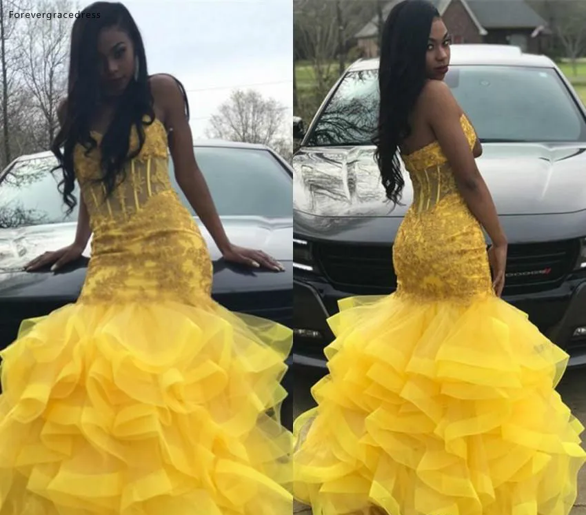 Vestidos de Festa à Noite Amarelo Prom Vestidos Longos 2020 Sul Africano Negro Meninas Namorada Apliques Feriados Graduação Desgaste Cor