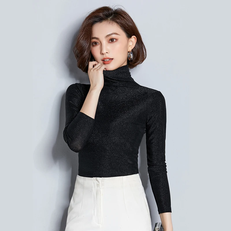 

Turtleneck body Lurex Sexy tunic Women T Shirt Long Sleeve O Neck camiseta mujer Vogue Mesh Black Solid girls tee korean fashion