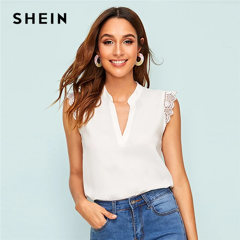 SHEIN элегантный кружевной топ с v образным вырезом и воротником стойкой летние