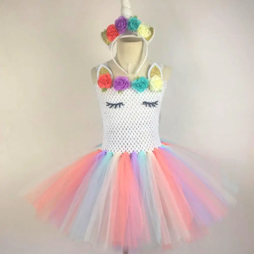 

Girls Pastel Rainbow Unicorn Flower Tutu Dress Kids Crochet Tulle Dresses with Headband Children Party Cosplay Costume Dress
