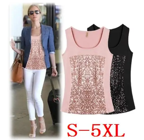 designer ladies plus size sequin flex knitting silk tank tops solid plus size sequin top