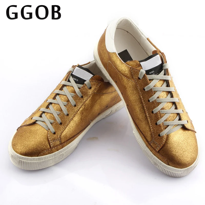 GGOB 2018 Gold Color Genuine Cowhide Women Casual Shoes Do Old Dirty Shoes Ladies Star Trainer leather Shoes Comfortable Flats