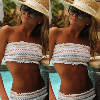 

Women Sexy Striped Printed Headband Bikinis Set Ruched Swimsuit Ruffles Swimwear Z0514