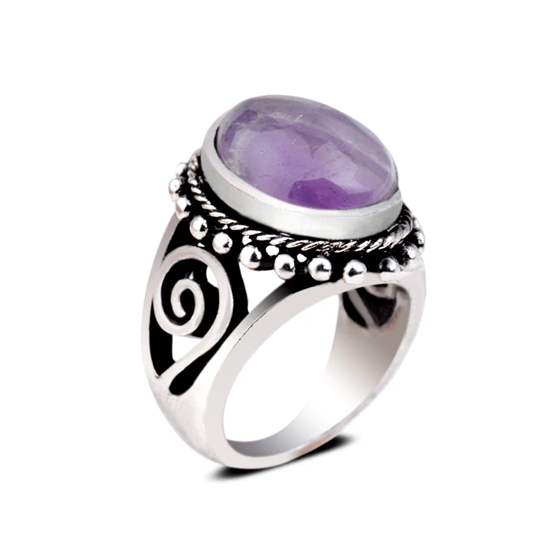 

Amethyst Natural Lapis Lazuli Tiger Eye Stone Setting Vintage Silver Ring Flower Pattern Crystal Finger Ring for Women Jewelry