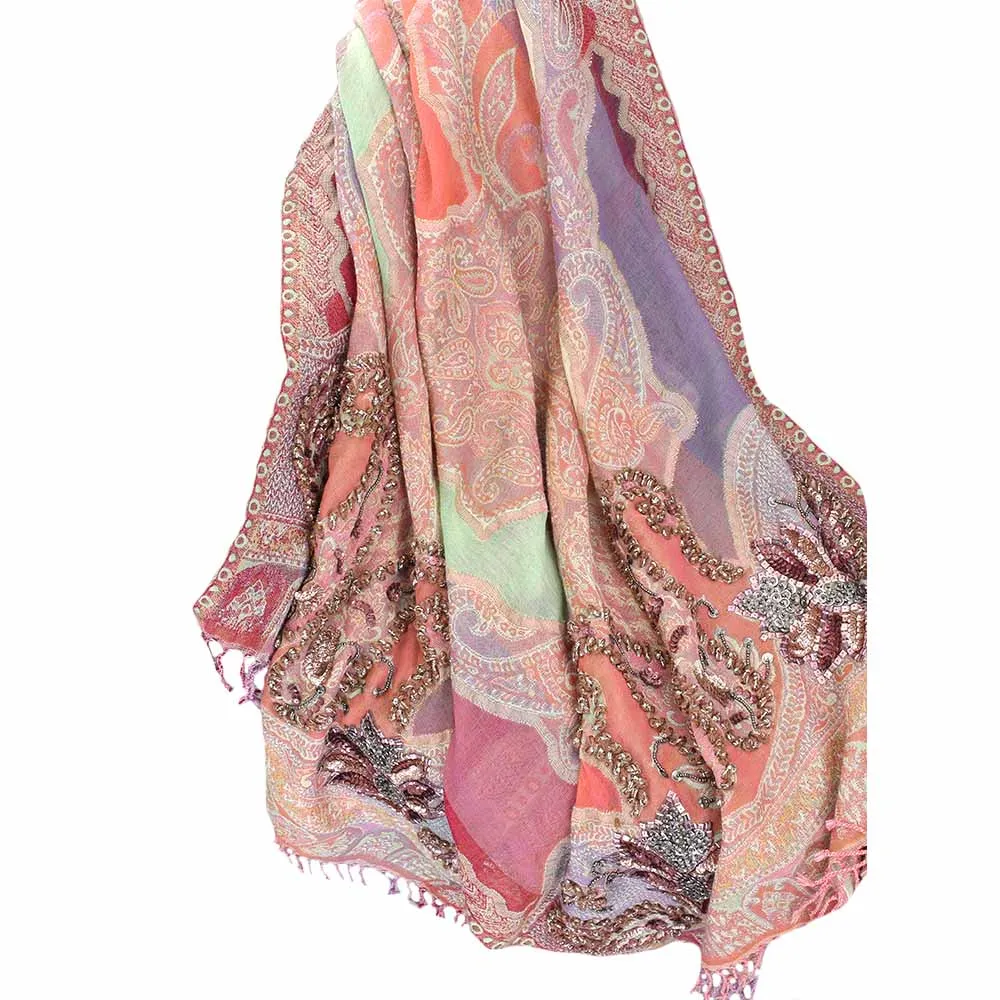 Ручной работы Изысканные бусы платки Для женщин элегантный шарф с пайетками Ленточки лоскутное Обёрточная бумага пашмины шерсть Индия