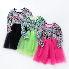 Детское платье для костюмированной вечеринки; костюм на Хэллоуин; бальное платье с черепом; одежда для маленьких девочек; новое платье с длинными рукавами и круглым вырезом для девочек