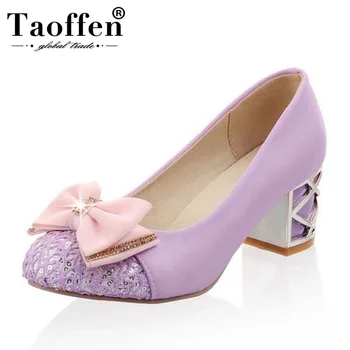 

Taoffen 2019 Hot PU Leather Women Shoes Party Sweety Club Pumps Round Toe Wedding Bowknot Dress Shoes Office Ladies Size 32-43