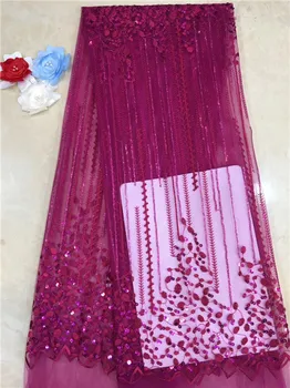

2019 Latest Fuchsia African French Lace Fabric High Quality African Tulle Lace Fabric With Sequins For Wedding Dress X4